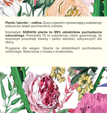 Zbliżenie na opakowanie kremu SORAYA Plante z tekstem o 99% naturalnych składnikach na kwiatowym tle.