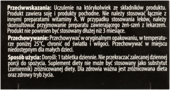 Tył opakowania Vitotal suplementu diety dla mężczyzn. Białe napisy na czarnym tle z instrukcjami użycia.