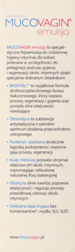 Biały panel informacyjny MucoVagin Emulsja, opisujący skład i zastosowanie fizjoemulsji do higieny intymnej kobiet.