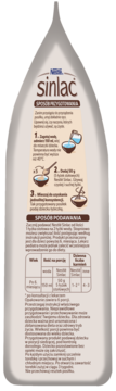 Tył beżowego opakowania Nestlé Sinlac. Pokazuje instrukcje przygotowania i tabelę dawkowania dla alergików.