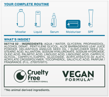 Tył opakowania Garnier Hyaluronic Aloe Jelly: skład (aloes, kwas hialuronowy), ikony rutyny, certyfikaty Vegan, Cruelty Free.