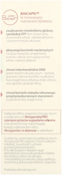 Biała ulotka produktowa Skrzypovita PRO i Baicapil, opis działania, wzmocnienie i zapobieganie wypadaniu włosów.