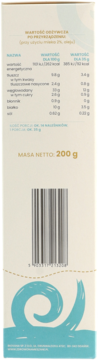 Tył opakowania ekologicznej mieszanki na naleśniki bez mąki pszennej, z tabelą wartości odżywczych i masą netto 200g.