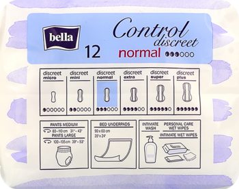 Biało-niebieskie opakowanie wkładek urologicznych Bella Control Discreet Normal 12 szt., z podświetlonym rozmiarem.