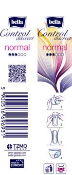 Dwie paczki wkładek Bella Control Discreet Normal, 3/6 kropli chłonności, biała i kwiecista, widok z przodu.