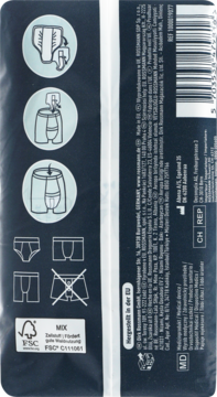 Tył ciemnego opakowania wkładek higienicznych męskich, wyrób medyczny. Widoczne piktogramy użycia, FSC i tekst prawny.