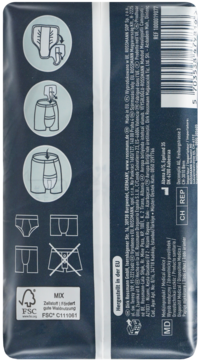 Tył ciemnoniebieskiego opakowania wkładek higienicznych men level 1, 12 sztuk, z instrukcjami w piktogramach.