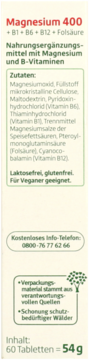 Tył opakowania Altapharma Magnez 400 + B-witaminy. Widoczny skład, info o wegańskości i masie netto 54g.