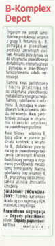 Tekst na opakowaniu B-Komplex Depot: czerwony nagłówek, opis witamin z grupy B i informacje o recyklingu.