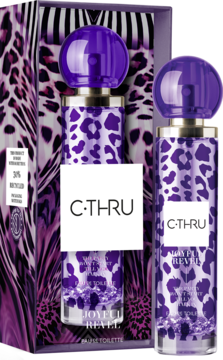 C-THRU Joyful Revel Eau de Toilette: dwie fioletowe butelki w leopard print, jedna w otwartym ozdobnym pudełku.