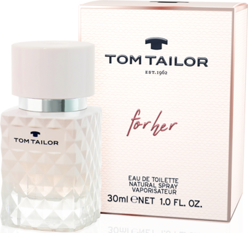 Flakon Tom Tailor For Her EDT 30ml z różową wodą, fasetowane szkło, obok różowe pudełko, widok z przodu.