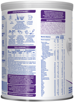 Tył puszki mleka następnego NAN EXPERTpro HA 2, biało-fioletowa etykieta, instrukcje i tabela karmienia.