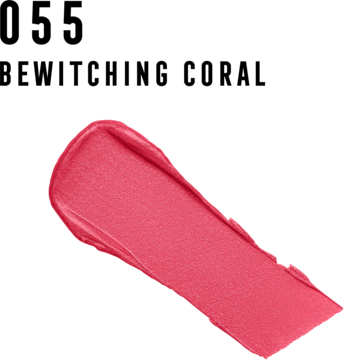 Kremowa smuga pomadki Max Factor Colour Elixir Bewitching Coral, żywy koralowy odcień na czarnym tle.