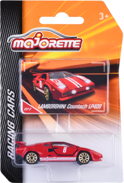 Czerwony model samochodu Lamborghini Countach LP400 Majorette 1:64 w blistrze, ze złotymi felgami, widok z przodu.
