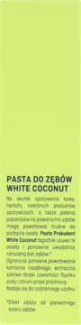 Tył opakowania pasty Prokudent White Coconut, jasnozielone, z tekstem o wybielaniu i ochronie.