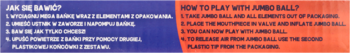 Jumbo Ball/Mega Bańka toy instruction sheet with play guide in English and Polish on a blue and orange background.