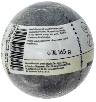 Ciemnoszara kula do kąpieli 'Szary Wilk' Rossmann z węglem aktywnym, widok z boku z etykietą.