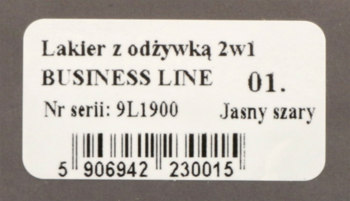 Biała etykieta lakieru do paznokci 2w1 Business Line 01. w kolorze jasnoszarym, z kodem kreskowym.