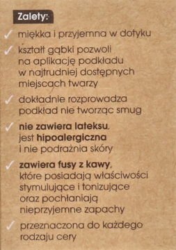 Lista zalet gąbki do makijażu Elite z kawą: miękka, hipoalergiczna, z fusami kawy, pochłania zapachy.
