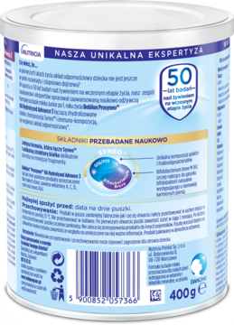 Tył puszki mleka Bebilon Prosyneo HA 3, niebiesko-srebrne opakowanie, widoczne szczegóły składu i wartości odżywczych, 400g.