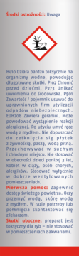 Etykieta ostrzegawcza płytek owadobójczych Duo-Decor: piktogram niebezpieczeństwa dla środowiska, polskie instrukcje.
