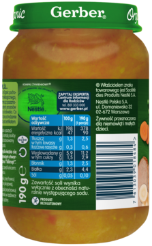 Tył słoiczka Gerber Organic z daniem warzywnym i cielęciną; zielona etykieta z tabelą wartości odżywczych.