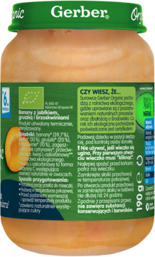 Tył słoika Gerber Organic Banany z jabłkiem, gruszką i brzoskwiniami, z zieloną nakrętką i polskim opisem.