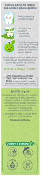 Zielono-białe opakowanie pasty do zębów dla dzieci o smaku jabłka, bez fluoru i z ksylitolem. Widok z przodu.