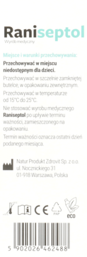 Biała etykieta Raniseptol, wyrobu medycznego, z instrukcjami przechowywania, symbolem CE i kodem kreskowym.