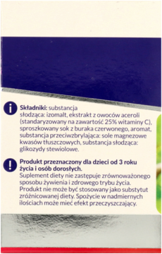 Tył opakowania suplementu Acerola Gripovita, widoczne składniki i zalecenia wiekowe dla dzieci i dorosłych.