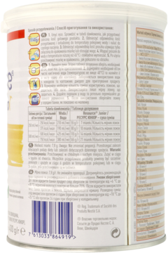 Tył białej puszki Nestlé Junior Resource Junior 400g, preparat odżywczy waniliowy dla dzieci, instrukcje PL.