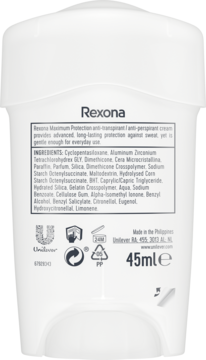 Tył opakowania Rexona Maximum Protection antyperspirant w kremie, biała tubka ze składem i objętością 45ml.