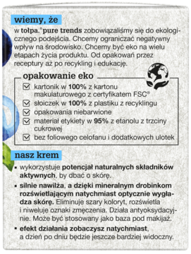 Tył kartonowego opakowania kremu tołpa. pure trends, detale eko-opakowania i korzyści dla skóry.
