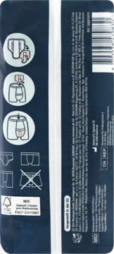 Tył ciemnego opakowania wkładek higienicznych men level 3, z instrukcjami użycia, opisem produktu i certyfikatem FSC.