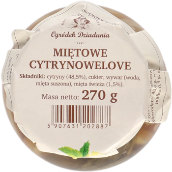 Słoik produktu Ogródek Dziadunia Miętowe Cytrynowelowe, widok z góry, biała etykieta z zielonymi napisami.