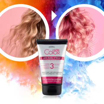 Joanna Ultra Color odżywka różowy blond w tubce, widoczna między blond i różowymi włosami z tyłu.
