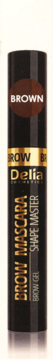 Delia Cosmetics brązowy styler do brwi Brow Mascara w czarnej tubie ze złotymi detalami, widok z przodu.