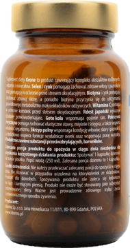 Tył brązowej butelki suplementu Krone dla włosów, skóry, paznokci, z białą etykietą i tekstem po polsku.