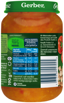 Tył szklanego słoiczka Gerber Organic z jarzynkami i indykiem, zielona etykieta z tabelą wartości odżywczych.