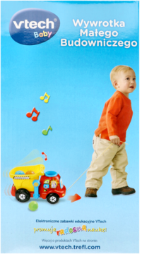 VTech Baby Wywrotka Małego Budowniczego, żółto-czerwona ciężarówka na niebieskim tle, ciągnięta przez dziecko.