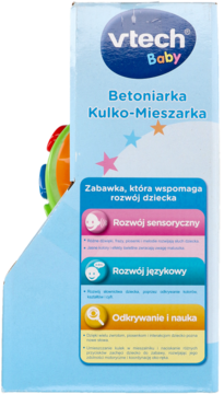 Prawy bok opakowania Vtech Baby Betoniarki Kulko-Mieszarki, z opisem cech rozwojowych zabawki.