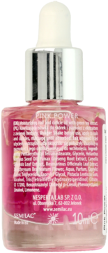 Semilac PINK POWER, olejek do skórek z płatkami róż. Tył różowej butelki 10ml ze srebrną zakrętką.