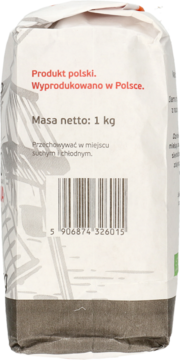 Tył białego opakowania mąki orkiszowej BIO 1 kg z brązowym spodem, napisem Produkt polski i kodem kreskowym.
