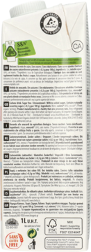 Tył kartonu napoju z nerkowca BIO, bez cukru, z napisem 'SANS GLUTEN FREE' i zielonym logo recyklingu.