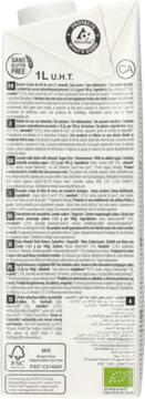 Tył białego opakowania napoju kokosowego z migdałami BIO 1L, z listą składników i logo bezglutenowego.
