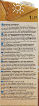 Tył kartonu Natumi Bio napoju migdałowego bez cukru. Widoczne instrukcje, logo słońca i pojemność 1Le.