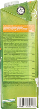 Tył zielonego kartonu Natumi napoju orkiszowo-migdałowego, z tabelą wartości odżywczych i kodem kreskowym.