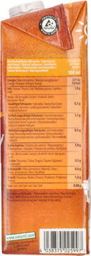 Tył pomarańczowego opakowania napoju Natumi owsiano-migdałowego z tabelą wartości odżywczych i kodem.
