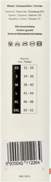 Tył opakowania rajstop Gatta, zawiera tabelę rozmiarów (XS-XXL), skład materiałowy i kod kreskowy produktu.