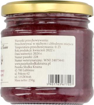 Tył szklanego słoika miodu kremowego z borówkami 250g, ze złotą nakrętką i białą etykietą z polskim tekstem o produkcie.